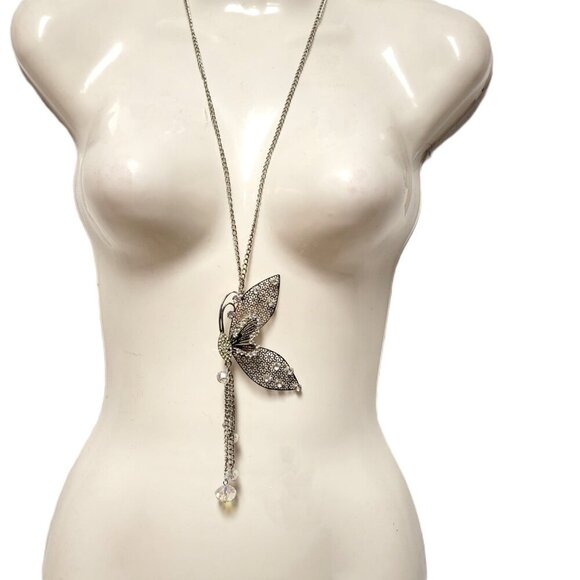 Filigree Butterfly Pendant Necklace with Aurora Borealis colourful Rhinestones - Picture 2 of 13